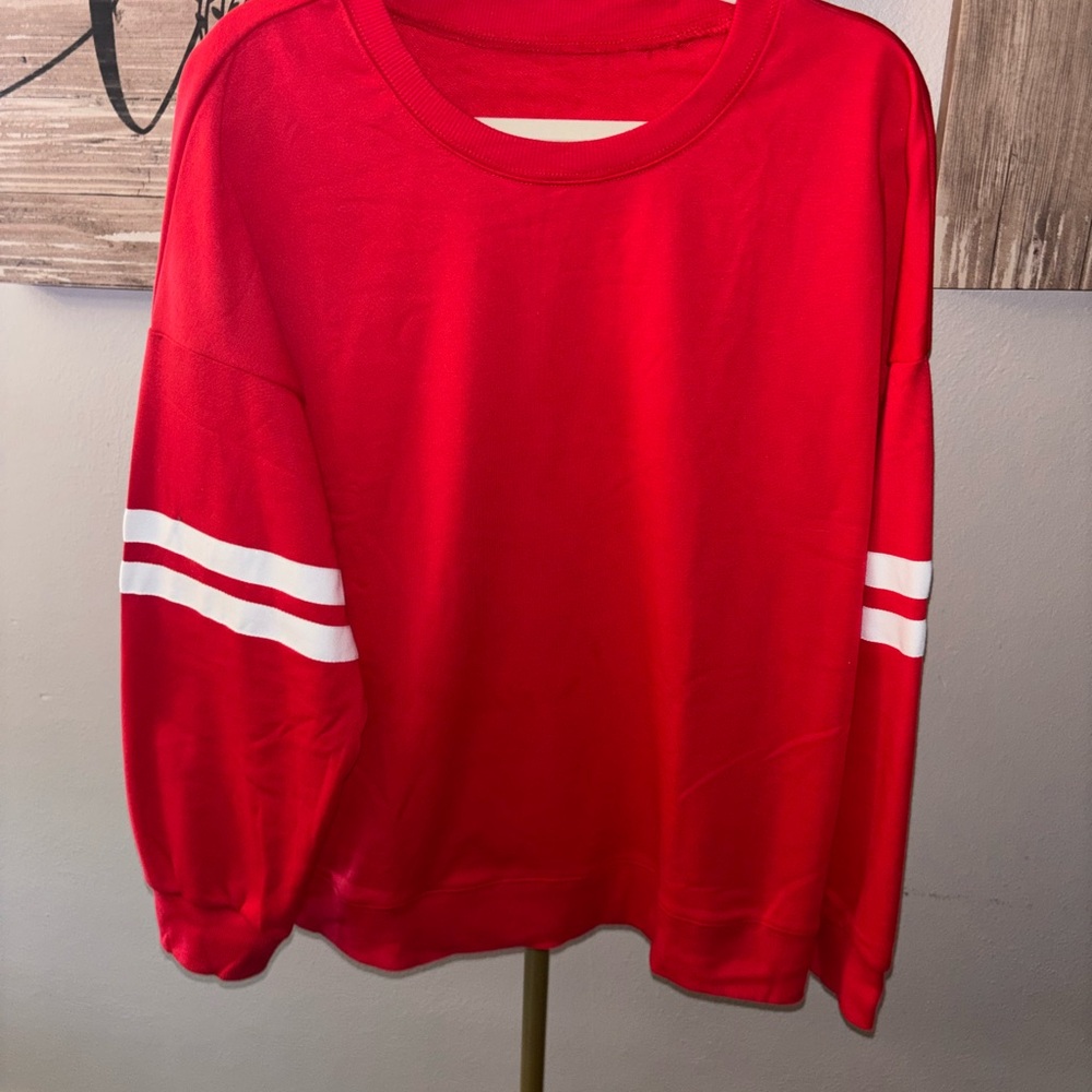 Women's Red Crewneck Sweater with White Sleeve Stripes